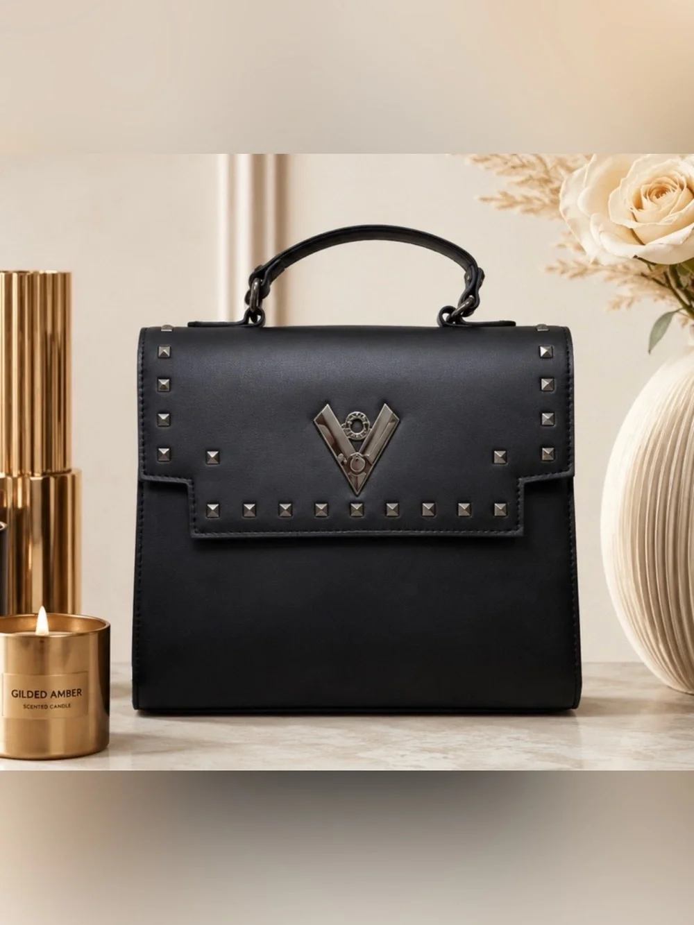 NWT Valentino Orlandi Black Vegan Leather Studded Satchel w/matching Wallet